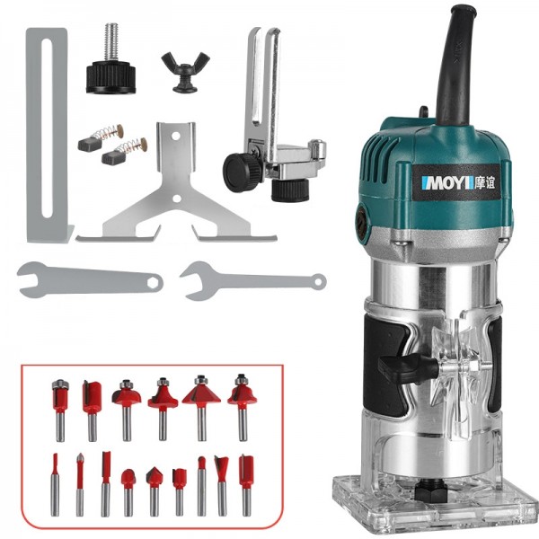 MOYI Aluminum Body Multifunctional Small Electric Woodworking Carving Slotting Trimming Machine, Specifications: 15 Milling Cutters EU Plug