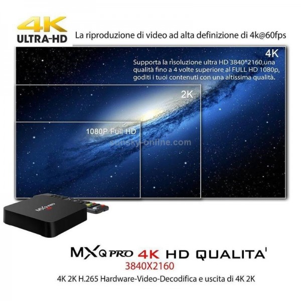 MXQ Pro 4K TV Box Android 10.0 Media Player wtih Remote Control, Allwinner H3 Quad Core ARM Cortex-A7, 2GB+16GB, 5G WiFi / Ethernet / TF / USB