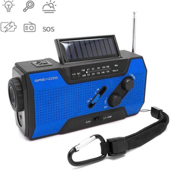 Multifunctional Hand Crank Solar Power LED Flashlight Full Band FM Radio Desk Lamp Alarm, Style:Ordinary Version(Blue)