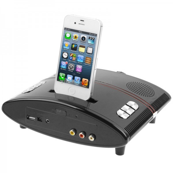 Multimedia LED Projector and Charging Base with Speaker for iPhone 4, Support AV Input (Black)