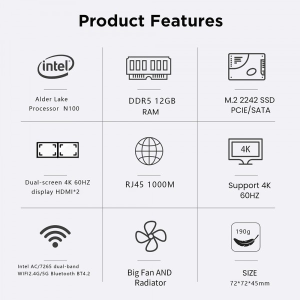 N100/DDR5 12th AlderLake-N100 Dual 4K60Hz Office And Home Mini PC, Spec: 12G+0 /US Plug