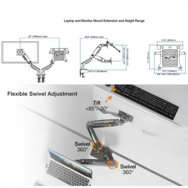 NORTH BAYOU F160-FP Tray Dual Arm Bracket Monitor Desk Mount Adjustable Laptop Holder(White)