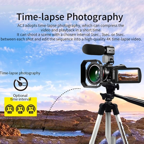 ORDRO AC3 3.1 inch IPS Screen 4K Full HD 13MP Night Vision WiFi Live Camcorder DV Digital Camera, Style:Standard + Microphone(Black)