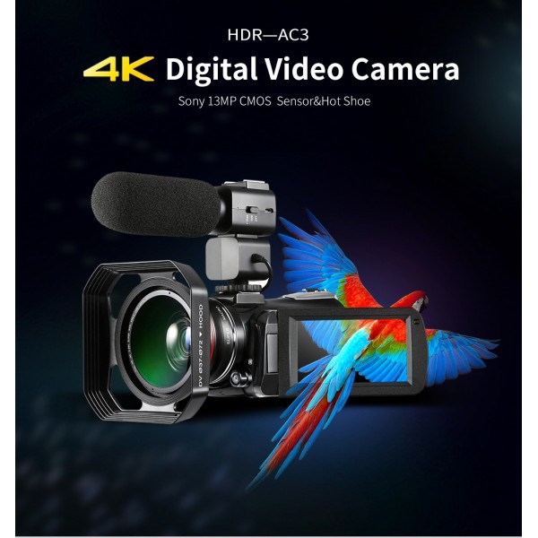 ORDRO AC3 3.1 inch IPS Screen 4K Full HD 13MP Night Vision WiFi Live Camcorder DV Digital Camera, Style:Standard + Microphone(Black)