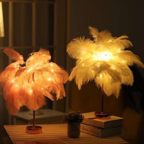 Ostrich Feather Table Lamp Wrought Iron Night Light LED Copper Wire Lamp(Yellow)