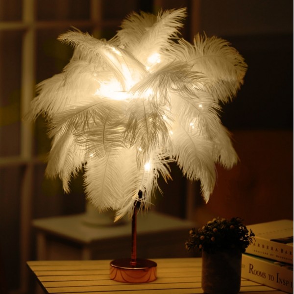 Ostrich Feather Table Lamp Wrought Iron Night Light LED Copper Wire Lamp(Yellow)