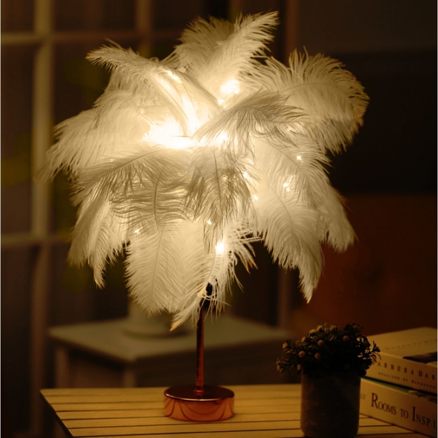Ostrich Feather Table Lamp Wrought Iron Night Light LED Copper Wire Lamp(Yellow)