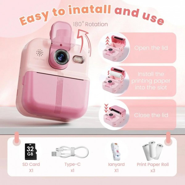 P02 Kids Instant Print Camera with 180-degree Flip Lens & 32GB Memory Card Selfie Photo Printing Toy(Pink)