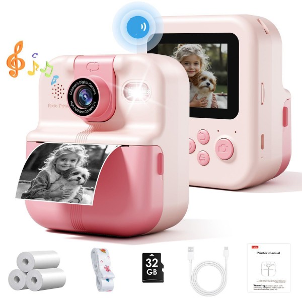 P02 Kids Instant Print Camera with 180-degree Flip Lens & 32GB Memory Card Selfie Photo Printing Toy(Pink)