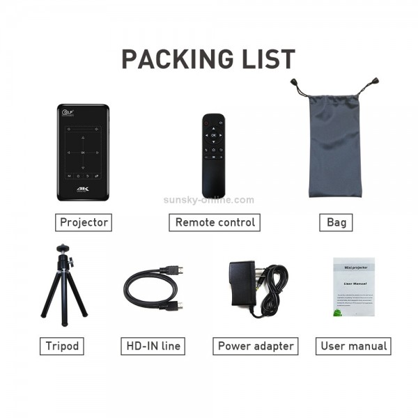 P09 Portable 4K Ultra HD DLP Mini Smart Projector with Infrared Remote Control, Amlogic S905X 4-Core A53 up to 1.5GHz Android 6.0, 1GB+8GB, Support 2.4G/5G WiFi, Bluetooth, TF Card(Black)