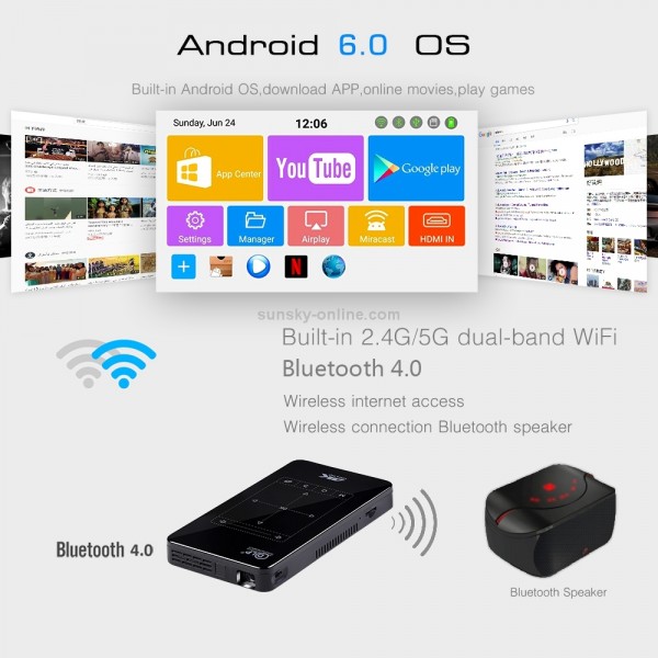 P09 Portable 4K Ultra HD DLP Mini Smart Projector with Infrared Remote Control, Amlogic S905X 4-Core A53 up to 1.5GHz Android 6.0, 1GB+8GB, Support 2.4G/5G WiFi, Bluetooth, TF Card(Black)
