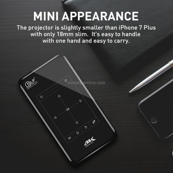 P9II Portable 4K Ultra HD DLP Mini Smart Projector with Infrared Remote Control, Amlogic S905X 4-Core A53 up to 1.5GHz Android 6.0, 2GB+16GB, Support 2.4G/5G WiFi, Bluetooth, TF Card(Black)
