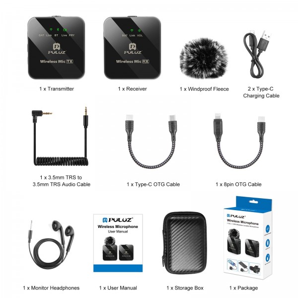 PULUZ 1 TX + 1 RX Wireless Lavalier Microphone (Black)