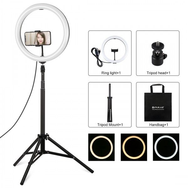 PULUZ 11.8 inch 30cm Light + 1.65m Tripod Mount Curved Surface USB 3 Modes Dimmable Dual Color Temperature LED Ring Vlogging Video Light Live Broadcast Kits with Phone Clamp(Black)