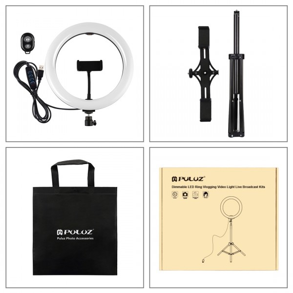 PULUZ 1.65m Tripod Mount + Dual Phone Brackets + 10.2 inch 26cm Curved Surface USB 3 Modes Dimmable Dual Color Temperature Ring Selfie Vlogging Video Light Live Broadcast Kits with Phone Clamp & Selfie Remote Control(Black)