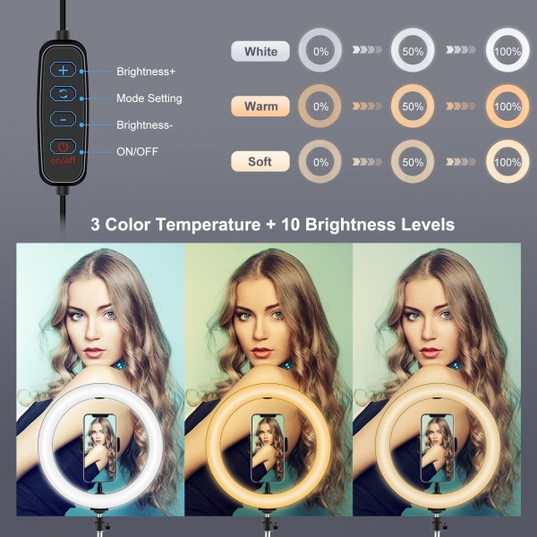 PULUZ 1.65m Tripod Mount + Dual Phone Brackets + 10.2 inch 26cm Curved Surface USB 3 Modes Dimmable Dual Color Temperature Ring Selfie Vlogging Video Light Live Broadcast Kits with Phone Clamp & Selfie Remote Control(Black)