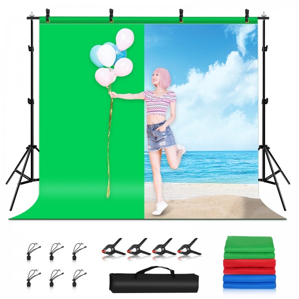 PULUZ 2.9x2m Photo Studio Background Support Stand Backdrop Crossbar Bracket Kit with Red / Blue / Green Polyester Backdrops