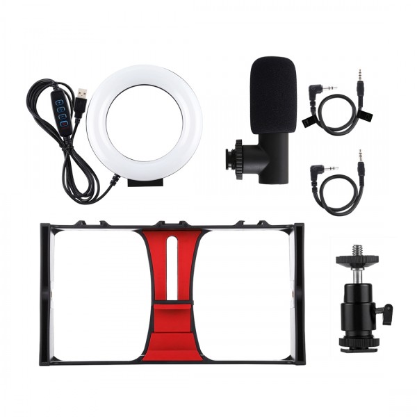 PULUZ 3 in 1 Vlogging Live Broadcast Smartphone Video Rig + Microphone +  4.7 inch 12cm Ring LED Selfie Light Kits with Cold Shoe Tripod Head for iPhone, Galaxy, Huawei, Xiaomi, HTC, LG, Google, and Other Smartphones(Red)
