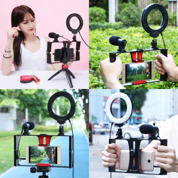 PULUZ 3 in 1 Vlogging Live Broadcast Smartphone Video Rig + Microphone +  4.7 inch 12cm Ring LED Selfie Light Kits with Cold Shoe Tripod Head for iPhone, Galaxy, Huawei, Xiaomi, HTC, LG, Google, and Other Smartphones(Red)