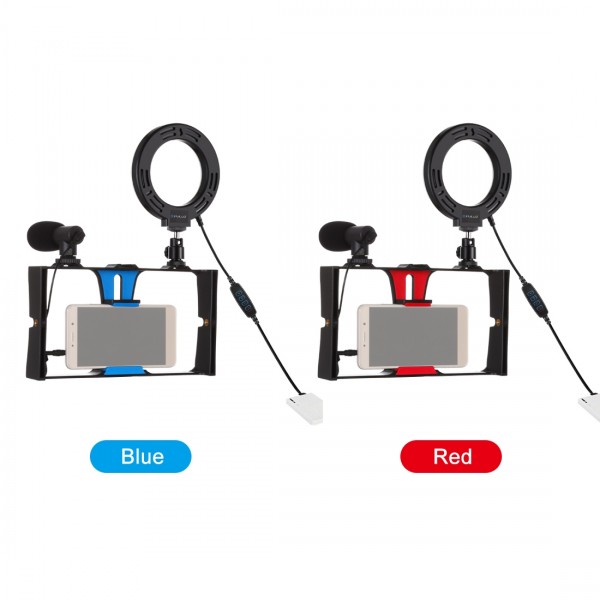 PULUZ 3 in 1 Vlogging Live Broadcast Smartphone Video Rig + Microphone +  4.7 inch 12cm Ring LED Selfie Light Kits with Cold Shoe Tripod Head for iPhone, Galaxy, Huawei, Xiaomi, HTC, LG, Google, and Other Smartphones(Red)