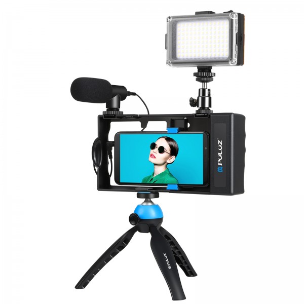PULUZ 4 in 1 Bluetooth Handheld Vlogging Live Broadcast LED Selfie Light Smartphone Video Rig Kits with Microphone + Tripod Mount + Cold Shoe Tripod Head for iPhone, Galaxy, Huawei, Xiaomi, HTC, LG, Google, and Other Smartphones(Blue)