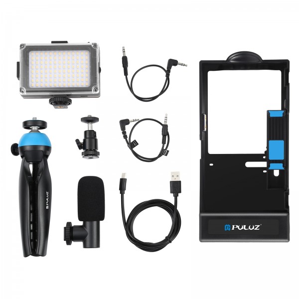 PULUZ 4 in 1 Bluetooth Handheld Vlogging Live Broadcast LED Selfie Light Smartphone Video Rig Kits with Microphone + Tripod Mount + Cold Shoe Tripod Head for iPhone, Galaxy, Huawei, Xiaomi, HTC, LG, Google, and Other Smartphones(Blue)