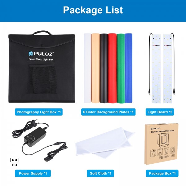 PULUZ 40cm Folding Portable White Light Dimmable Photo Lighting Studio Shooting Tent Box Kit with 6 Colors (Black, Orange, White, Red, Green, Blue) Backdrops