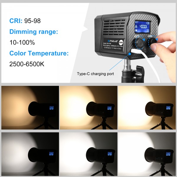 PULUZ 60W Studio Video Light 2500K-6500K Dual Color Temperature Professional Photography Fill Light (Black)