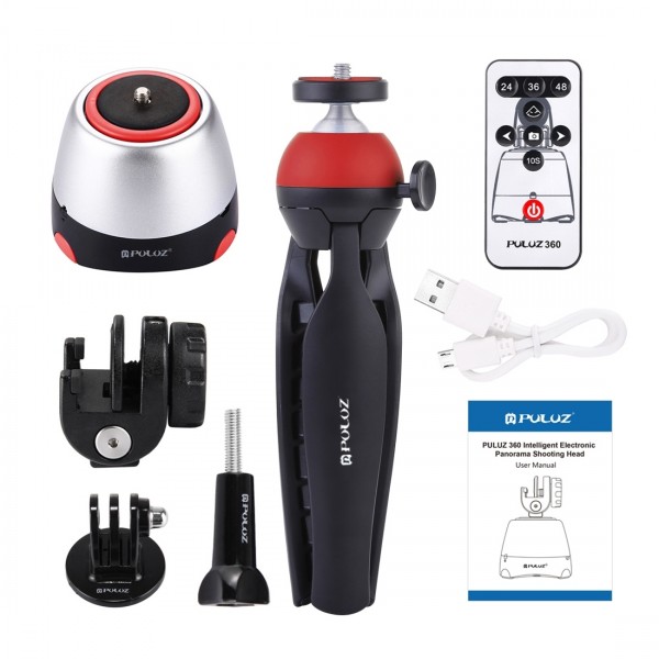 PULUZ Electronic 360 Degree Rotation Panoramic Head + Tripod Mount + GoPro Clamp + Phone Clamp with Remote Controller for Smartphones, GoPro Action Cameras(Red)