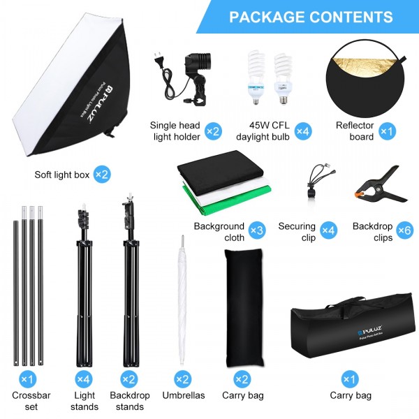 PULUZ LED Light Studio Softbox Photography Kit with Background & Reflective & Tripod Mount & Sandbags(EU Plug)