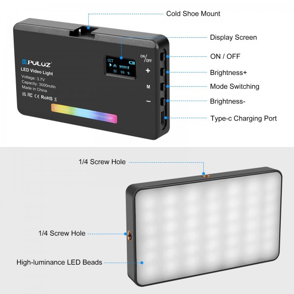 PULUZ Pocket 140 LEDs RGB Full Color Beauty Fill Light Handheld Photography LED Light (Black)