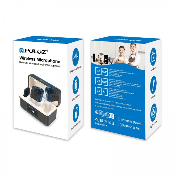 PULUZ SmartLink WS300 Magnetic Lavalier Wireless Microphone with Charging Case Box, 8 Pin RX Receiver and 2 TX Microphones (Black)