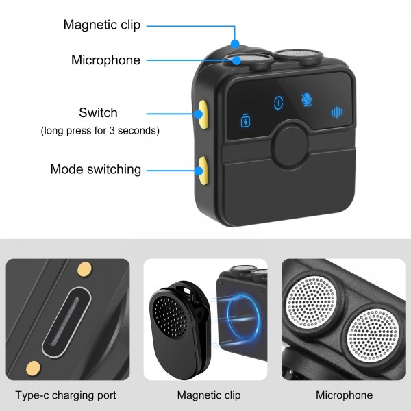 PULUZ SmartLink WS300 Magnetic Lavalier Wireless Microphone with Charging Case Box, 8 Pin RX Receiver and 2 TX Microphones (Black)