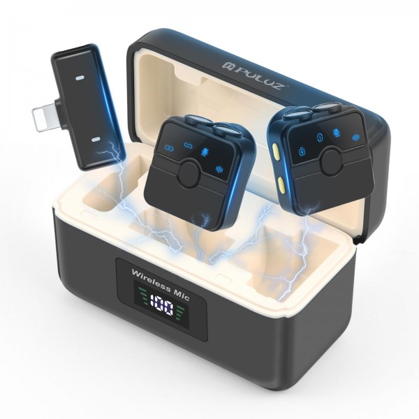 PULUZ SmartLink WS300 Magnetic Lavalier Wireless Microphone with Charging Case Box, 8 Pin RX Receiver and 2 TX Microphones (Black)