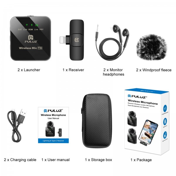 PULUZ Wireless Lavalier Microphone for iPhone / iPad, 8-Pin Receiver and Dual Microphones (Black)