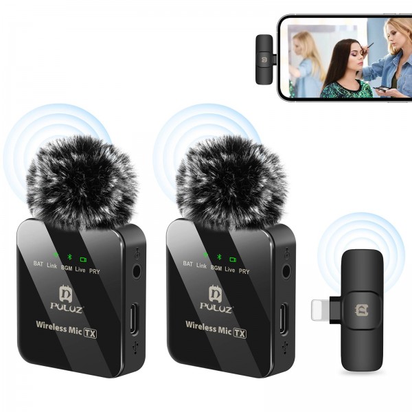 PULUZ Wireless Lavalier Microphone for iPhone / iPad, 8-Pin Receiver and Dual Microphones (Black)