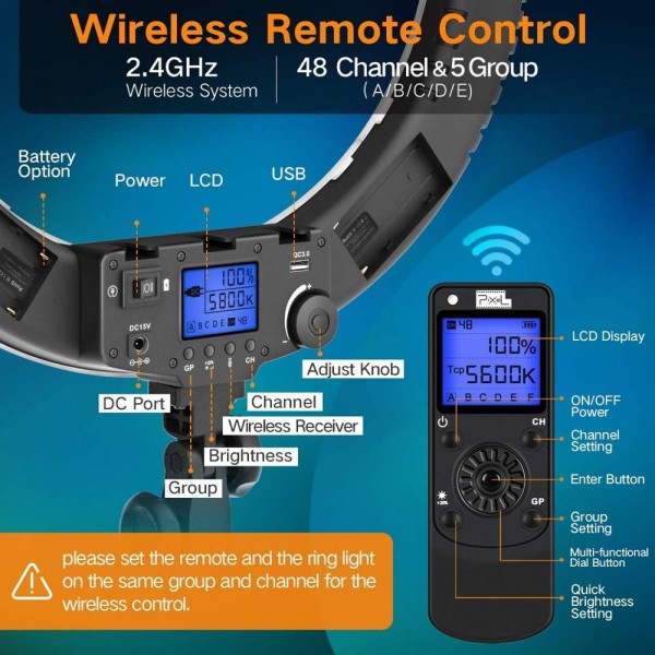 Pixel R60C 60W Live Photography Video Remote Control Ring Fill Light(B Set+UK Plug Adapter)