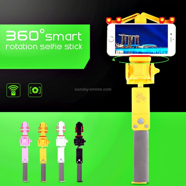 Portable 360 Degrees Smart Rotation Bluetooth Wireless Selfie Stick Monopod Folding Extendable Handheld Holder with Glass & Hand Strap Hole & Cloth Bag for iOS & Android Phone, Folded Length: 25cm, Max Extension Length: 90cm(Yellow)