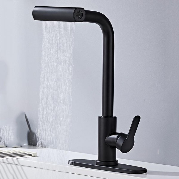 Pull-Out 4 Modes Waterfall Kitchen Faucet Hot/Cold Water Mixer Tap With Base(Black)