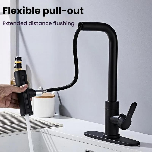 Pull-Out 4 Modes Waterfall Kitchen Faucet Hot/Cold Water Mixer Tap With Base(Black)