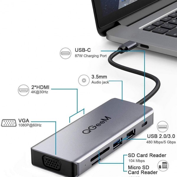 QGeeM 9 In 1 USB-C/Type-C Docking Station Hub VGA+2xHDMI+PD 87W+USB2.0/USB3.0+SD/Micro SD+3.5mm