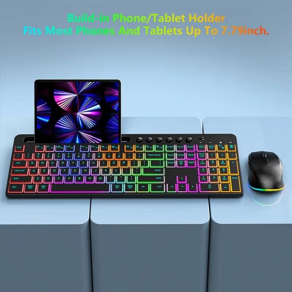 RGB Backlit Rechargeable Wireless Keyboard and Mouse Combo with Tablet Slot for Gaming, Office, and Home(CK731+CM623)