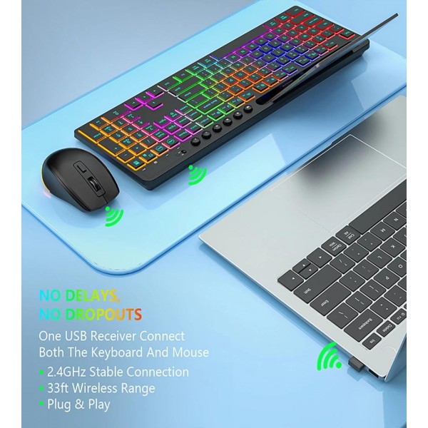 RGB Backlit Rechargeable Wireless Keyboard and Mouse Combo with Tablet Slot for Gaming, Office, and Home(CK731+CM623)
