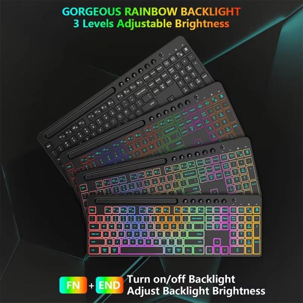 RGB Backlit Rechargeable Wireless Keyboard and Mouse Combo with Tablet Slot for Gaming, Office, and Home(CK731+CM623)