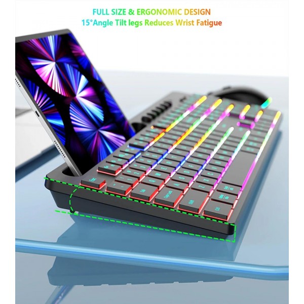 RGB Backlit Rechargeable Wireless Keyboard and Mouse Combo with Tablet Slot for Gaming, Office, and Home(CK731+CM623)