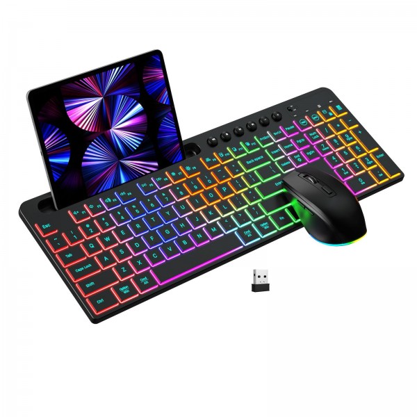 RGB Backlit Rechargeable Wireless Keyboard and Mouse Combo with Tablet Slot for Gaming, Office, and Home(CK731+CM623)
