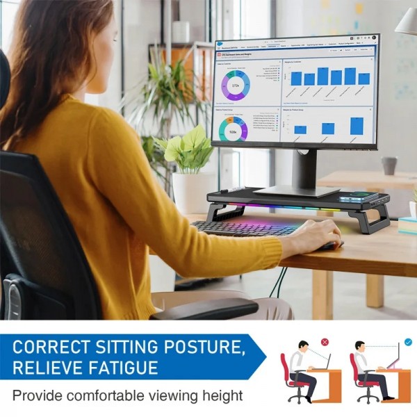 RGB Computer Monitor Stand Riser 3 USB 2.0 +1 Type-C Ports, Spec: Basic Black