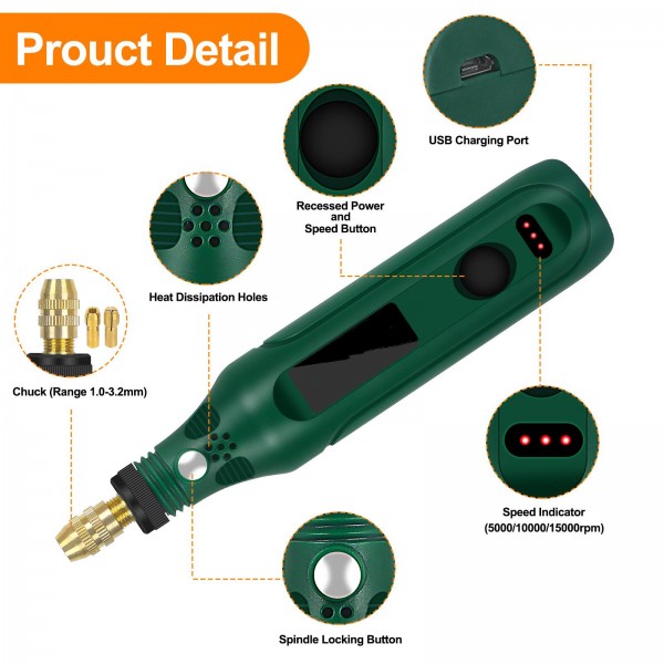 Rechargeable Electric Grinding Pen Kit 3-Speed Adjustable Cordless Engraver with LED Indicator(Black)