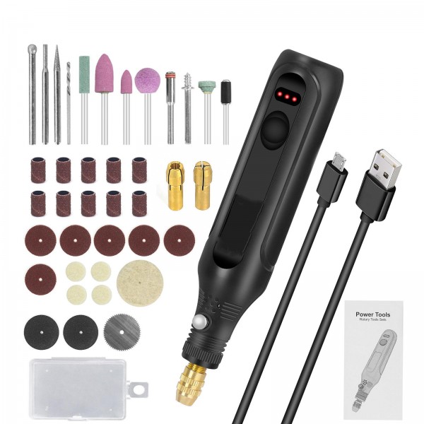 Rechargeable Electric Grinding Pen Kit 3-Speed Adjustable Cordless Engraver with LED Indicator(Black)
