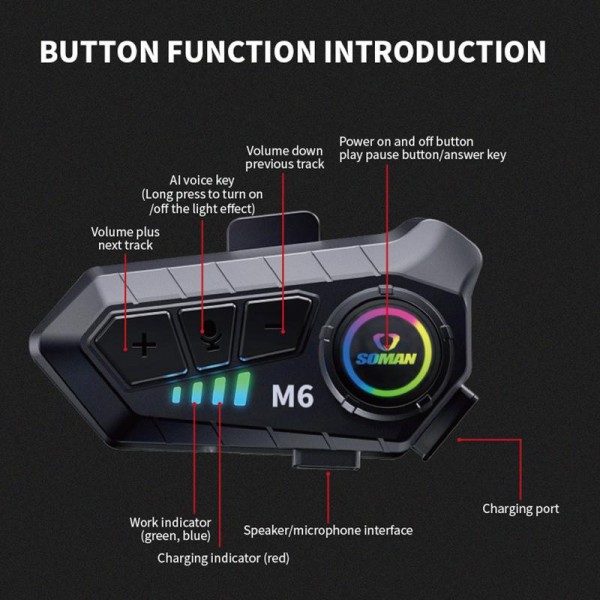 SOMAN Motorcycle Helmet Bluetooth Headset Stereo Voice Microphone, Style:M6-Hard Mic